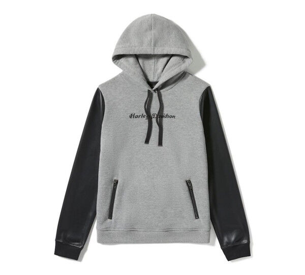 Harley Davidson Faux Leather Sleeve Pullover Hoodie - Colorblock - Medium Grey Heather & Harley Blac